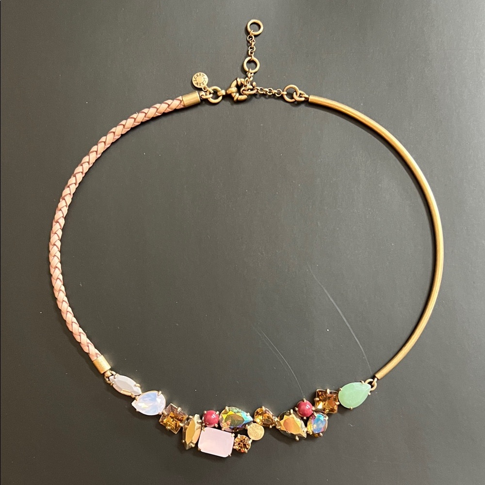 J. Crew Gold and Pink Braided Leather with Multicolour Stone Necklace